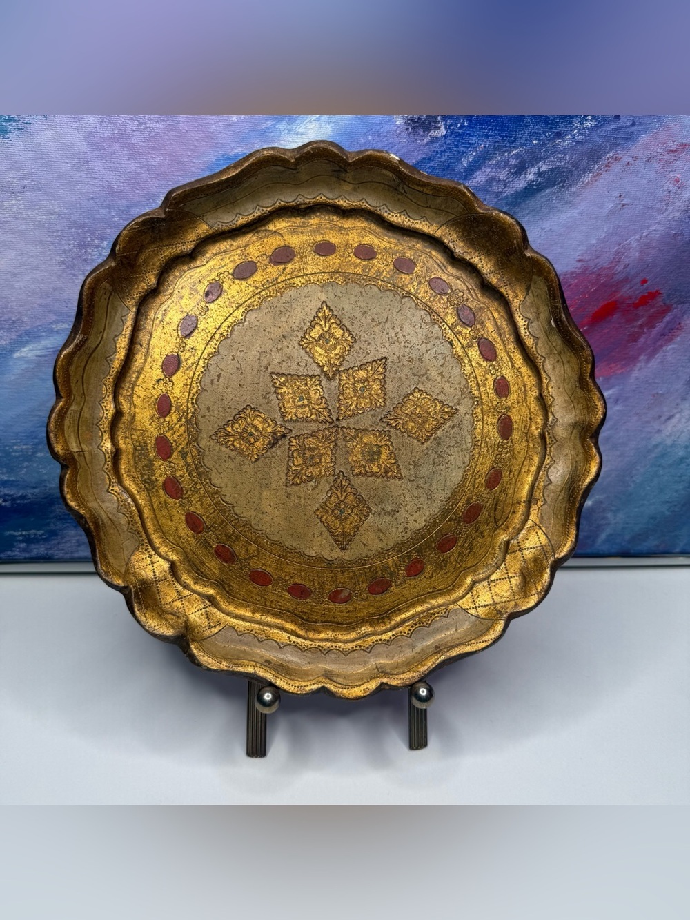 SOLD Italian Florentine Round Serving Tray Gold MCM Midcentury Old World Vanity